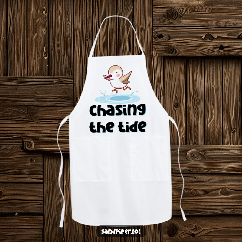 Funny Sandpiper Apron: A determined sandpiper character runs towards the kitchen counter, ready for some culinary fun.