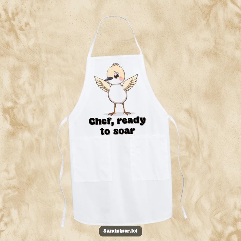 Funny Sandpiper Apron, showing a cartoon bird with wings slightly raised, appearing ready for an exciting flight, perfect for chefs.