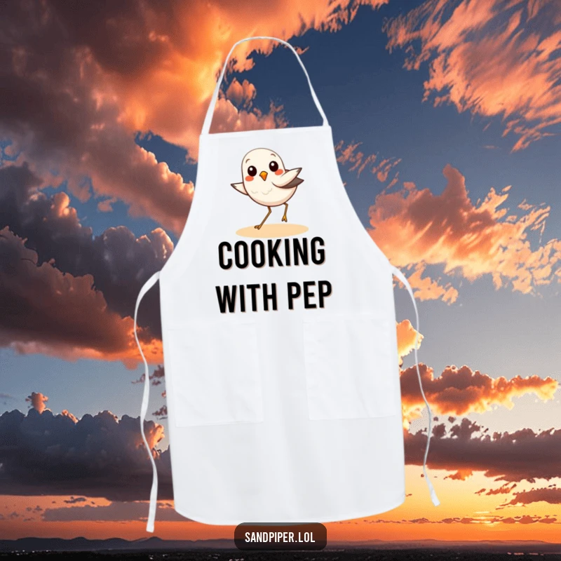 Funny apron with a sandpiper bird doing a happy hop, ideal for chefs who want to add fun to their kitchen.