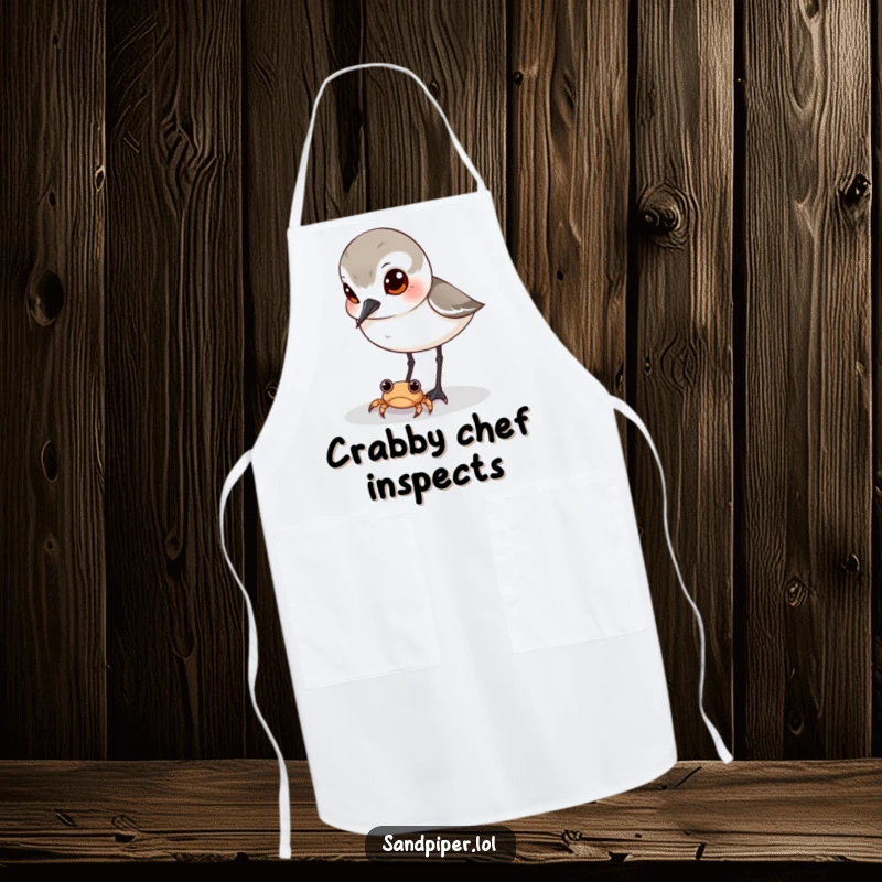 Funny sandpiper apron, curious bird watching tiny crab, humorous kitchen accessory, ideal gift for chefs.