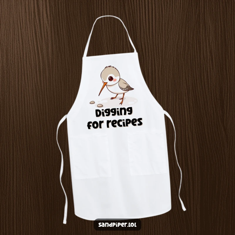 Funny Sandpiper Apron depicting a playful sandpiper character digging its thin beak, great for nature-themed kitchens.