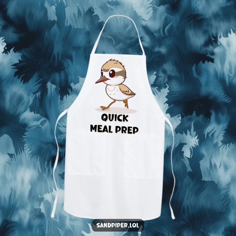 Funny Apron: An alert sandpiper character poised to sprint, designed for kitchen efficiency with a touch of humorous speed.