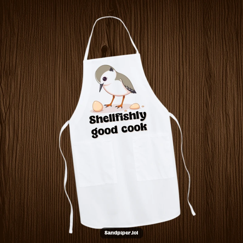Funny apron showing a sandpiper character inquisitively pecking at a small shell, bringing playful curiosity to the kitchen.