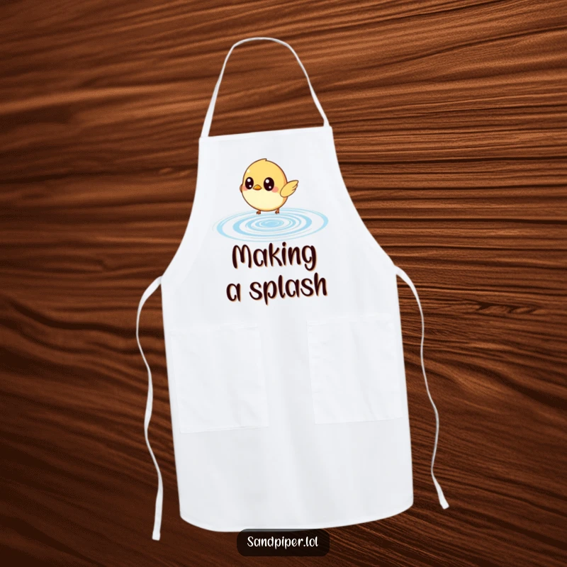 Funny apron with a small bird having wide eyes, humorously chasing a bouncing water ripple, perfect for a lighthearted cook.