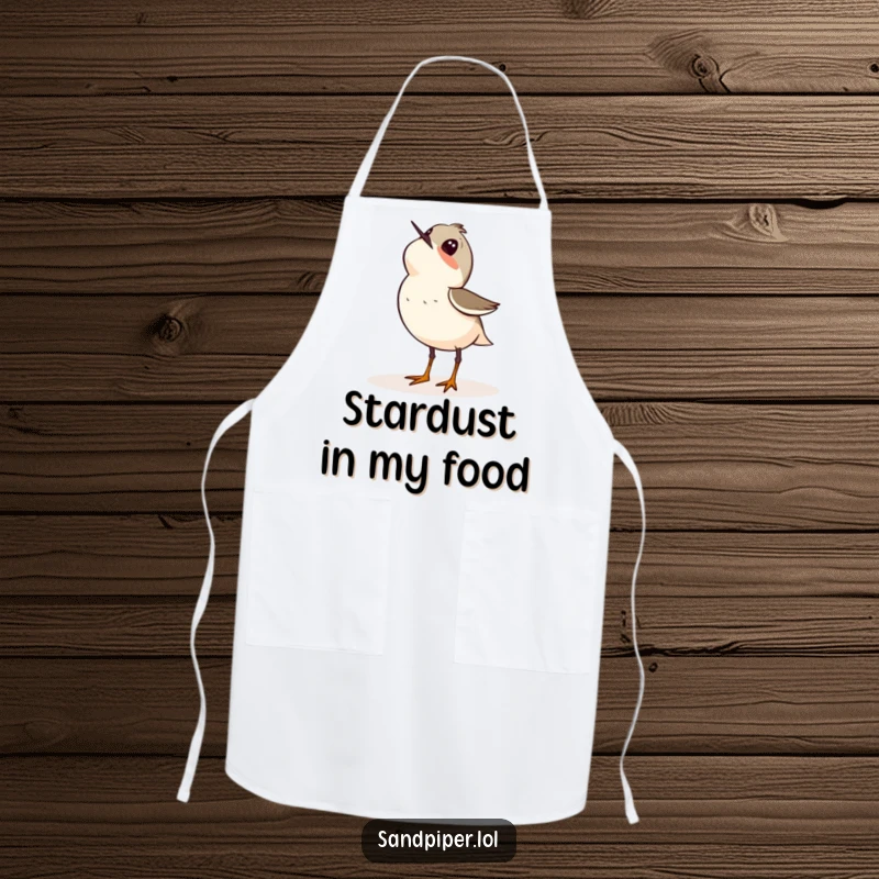 Funny apron with a sandpiper bird looking up at the sky with wonder, ideal for cooks who dream big.