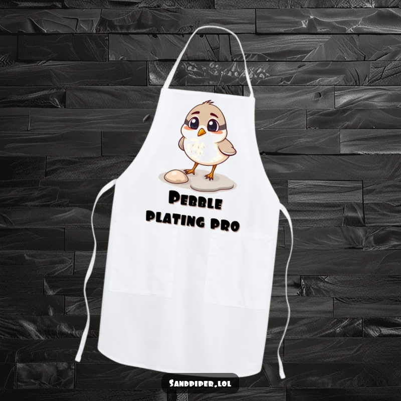 Funny sandpiper apron, surprised bird pecking at a shiny pebble, practical and humorous kitchen accessory.