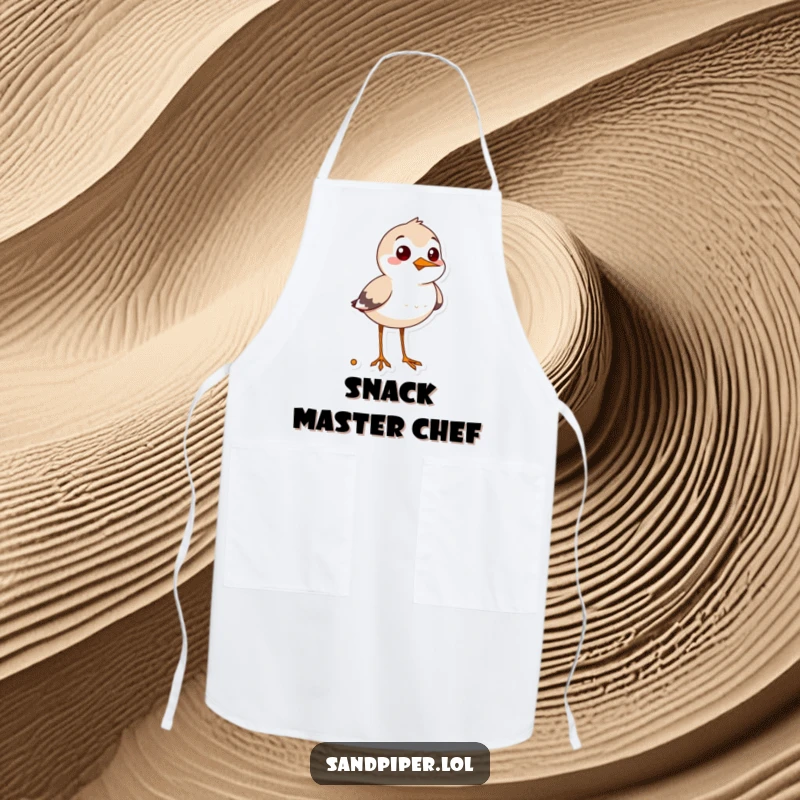 Funny sandpiper apron, cheerful bird looking for snacks, practical and humorous kitchen accessory.