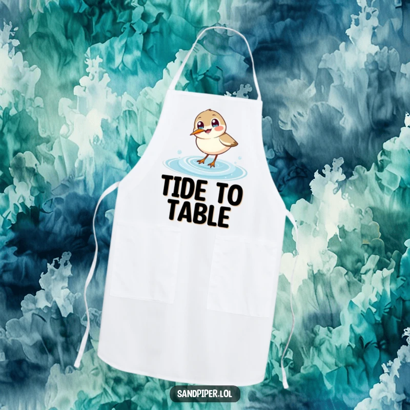 Funny sandpiper apron, joyful bird dipping beak into a wave, practical and humorous kitchen accessory.