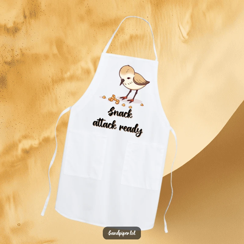 Funny apron showing a sandpiper in action, pecking eagerly at scattered crumbs.