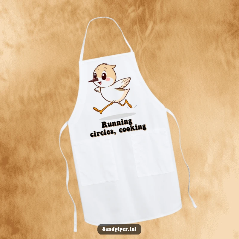 Funny Sandpiper Apron, showing a cartoon bird running sideways with incredible speed and a happy grin, perfect for kitchen adventures.