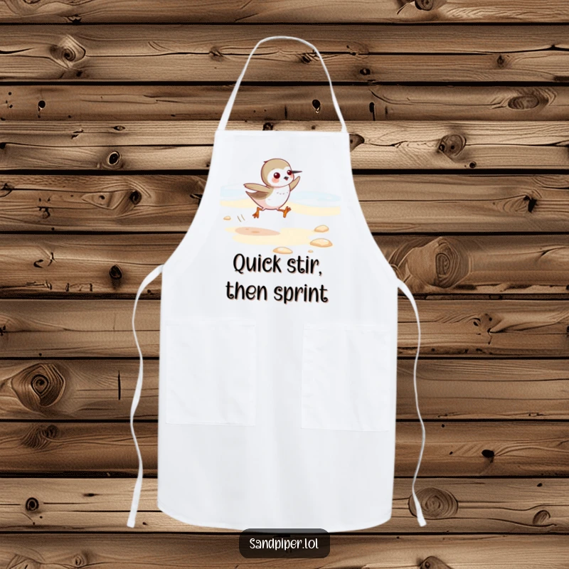 Funny Sandpiper Apron: Cute bird character depicted running on a beach, a humorous accessory for cooking and baking enthusiasts.