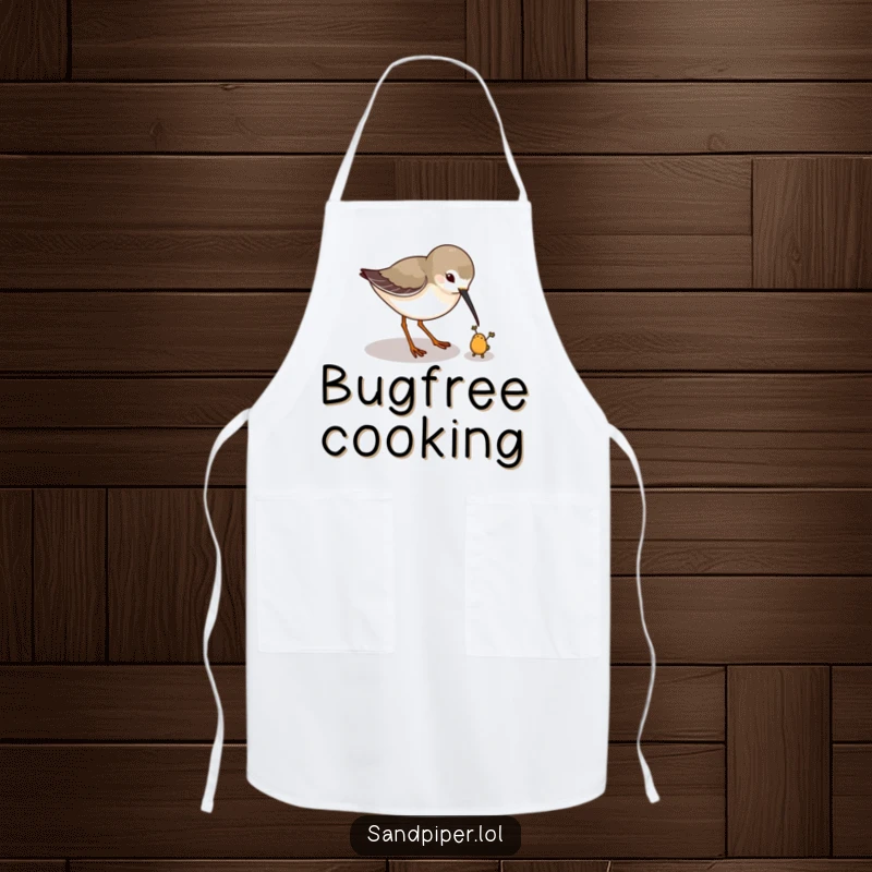 Funny apron featuring a sandpiper playfully pecking at a tiny imaginary bug, a humorous kitchen essential. A practical funny gift.