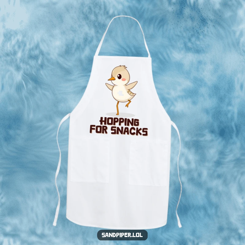 Funny sandpiper apron showing a determined sandpiper bird hopping with a cheerful and focused gait while cooking.
