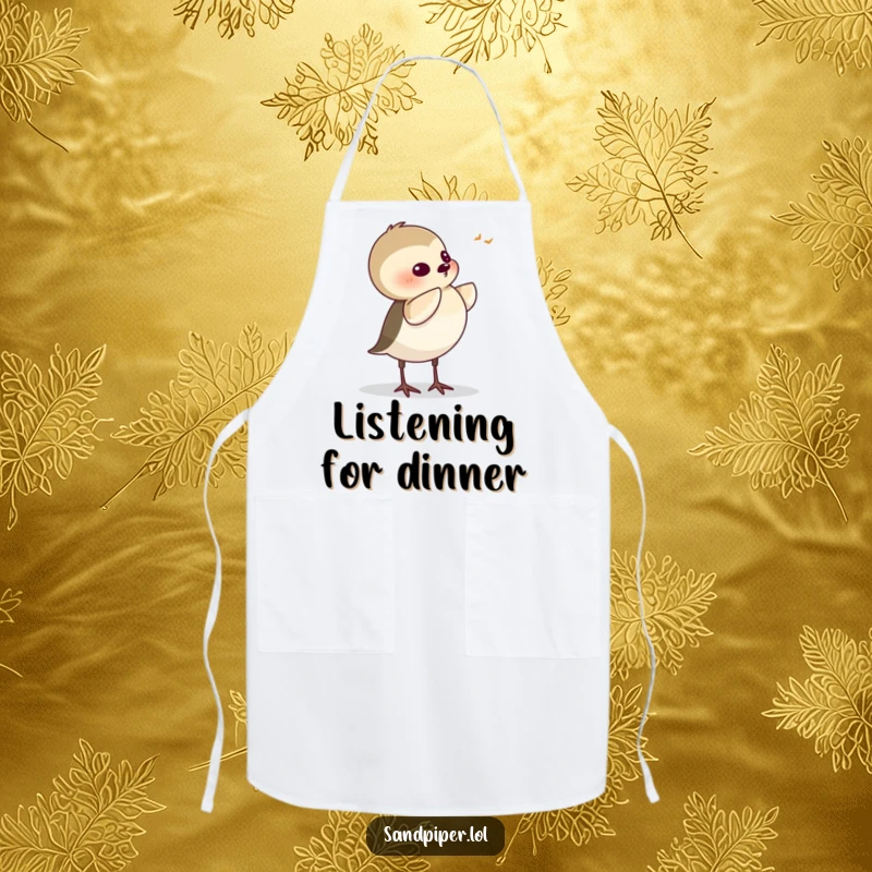 Funny Sandpiper Apron, showing a cartoon bird tilting its head intently, as if listening to a recipe instruction, perfect for chefs.