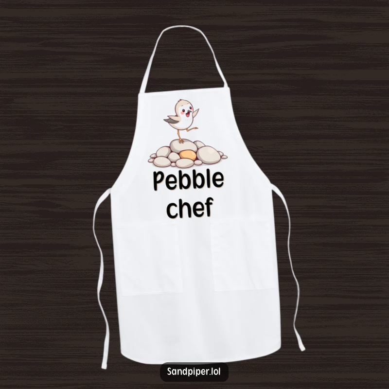 Funny sandpiper bird apron, hopping excitedly over smooth pebbles, kitchenware, great funny gift.