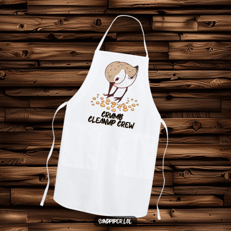 Funny Apron showcasing a sandpiper diligently pecking crumbs, a humorous and practical kitchen accessory for beach lovers.
