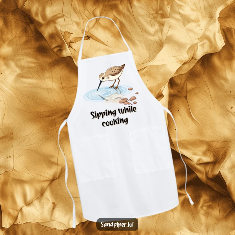 Functional apron adorned with a sandpiper bird dipping its beak into a sparkling tidal pool, ideal for peaceful kitchens.