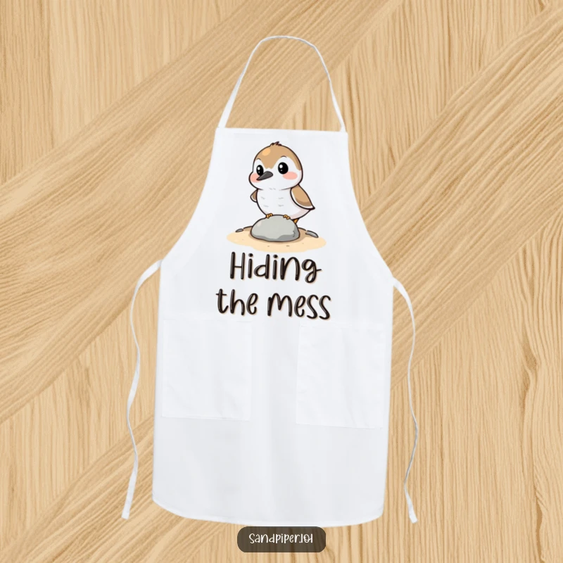 Funny Apron: A sandpiper character comically trying to hide behind a small stone, designed for kitchen tasks with a touch of shy humor.