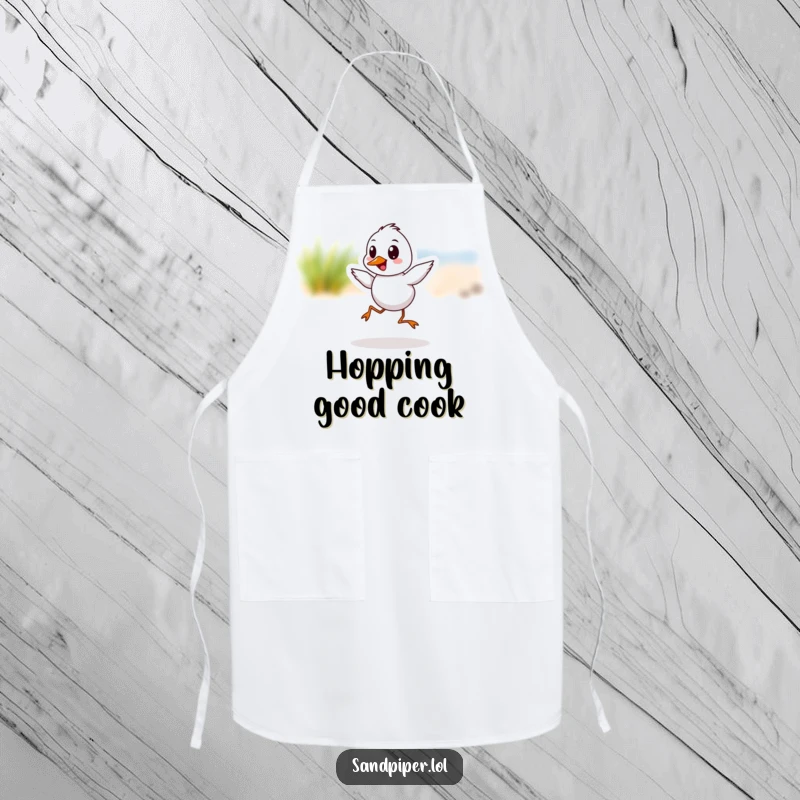 Funny Sandpiper Apron with a cheerful bird in a dynamic hop, ideal for kitchen fun.