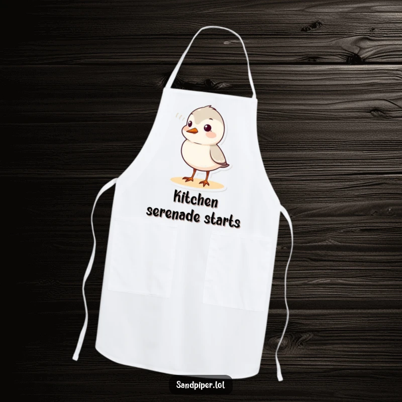 Funny sandpiper apron depicting a cute bird character chirping, with a visible sound wave graphic, making kitchen tasks enjoyable.