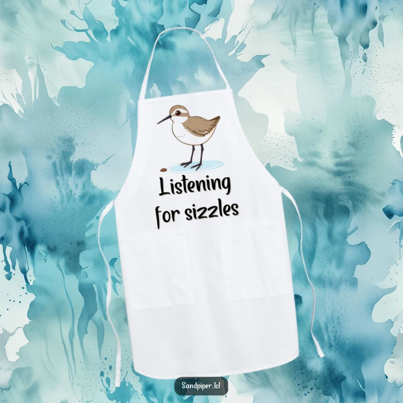 Funny apron featuring a sandpiper tilting its head, listening intently, a humorous kitchen essential. A practical funny gift.