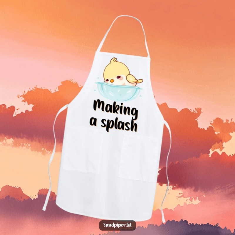 Funny apron featuring a bird playfully dipping its head underwater with gentle splashes, ready for kitchen fun.