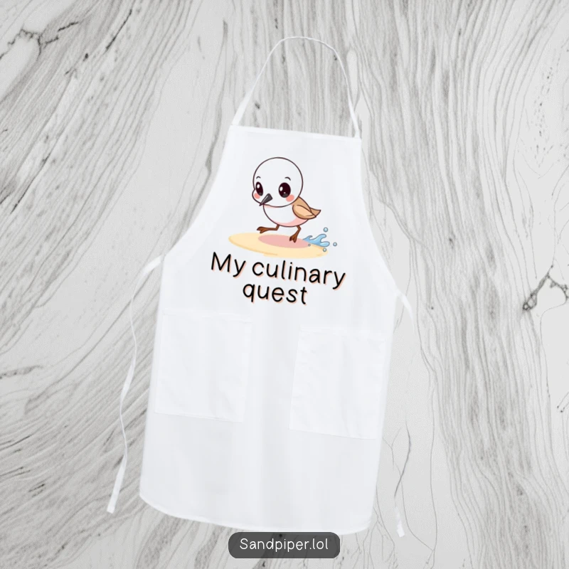 Funny apron with a determined sandpiper chasing a tiny wave, ideal for cooks who embrace challenges with focus.