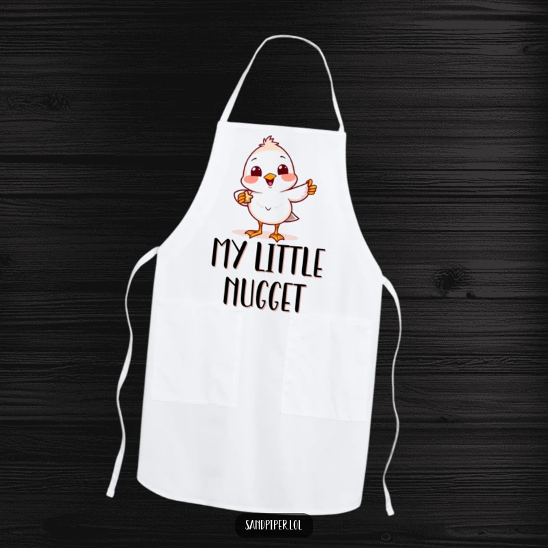 Funny Apron depicting a delighted sandpiper with a smile, showcasing a tiny found treasure.