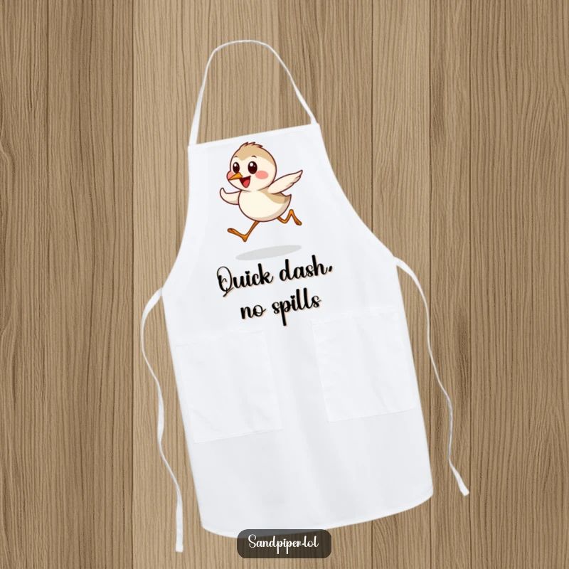 Funny Sandpiper Apron showing a cute bird character in a fast, happy dash, designed for kitchen fun and protection.