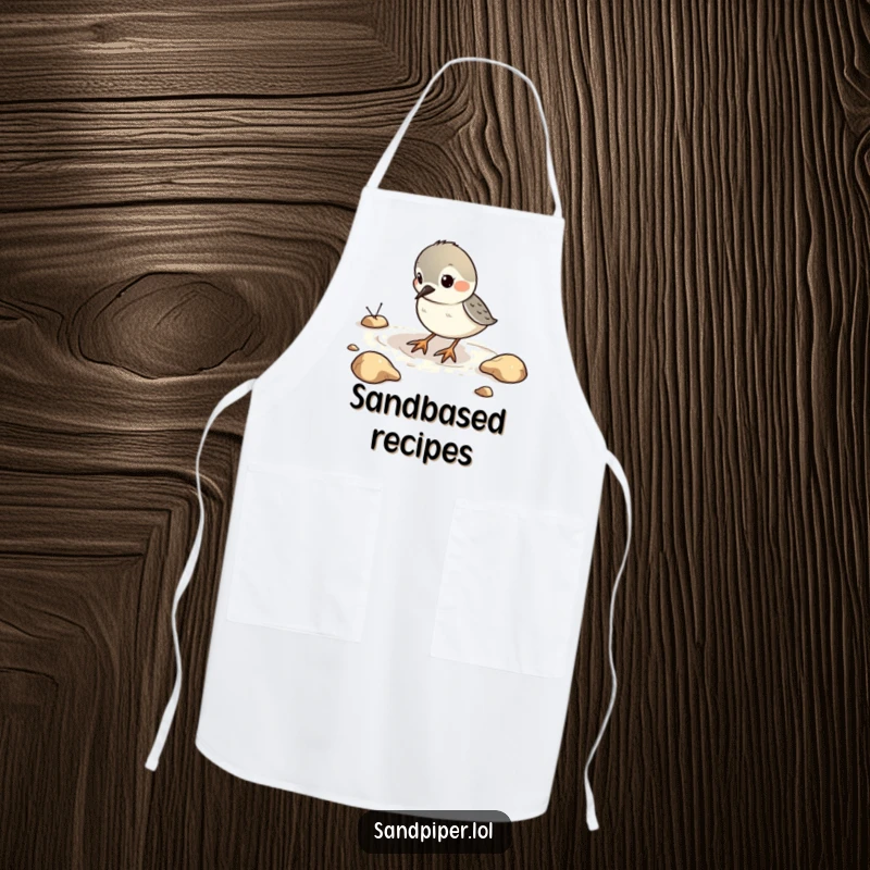 Funny Apron depicting a sandpiper bird playfully digging in imaginary sand, ideal for kitchen fun.