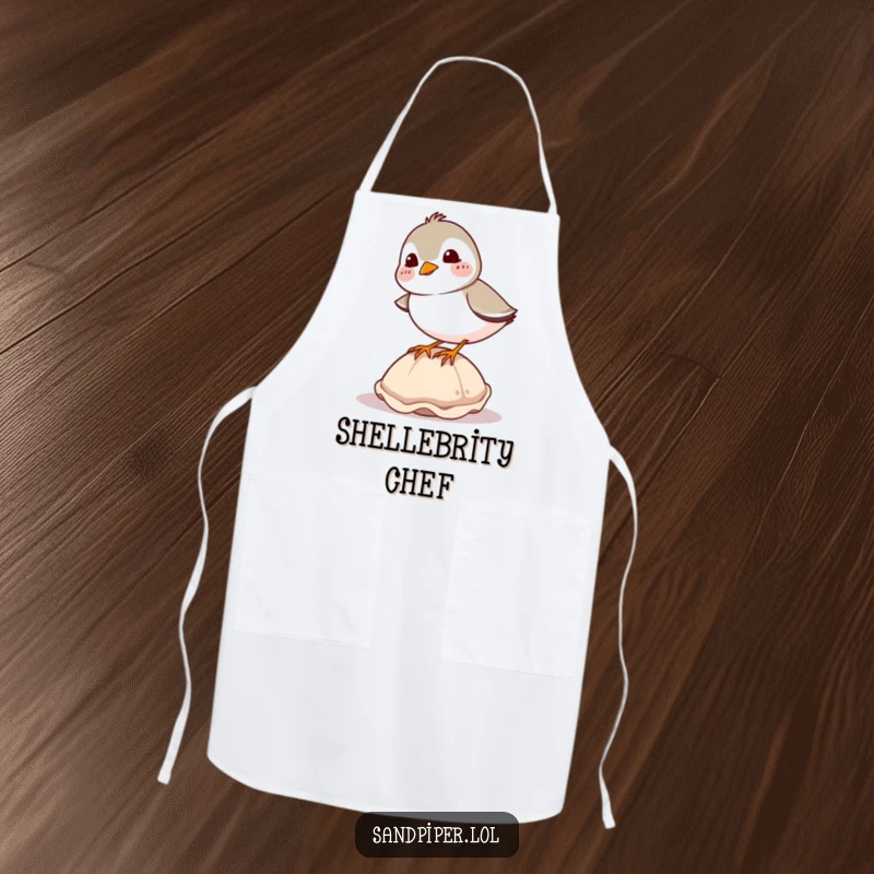 Funny sandpiper apron, giggling bird comically balancing on a seashell, practical and humorous kitchen accessory.