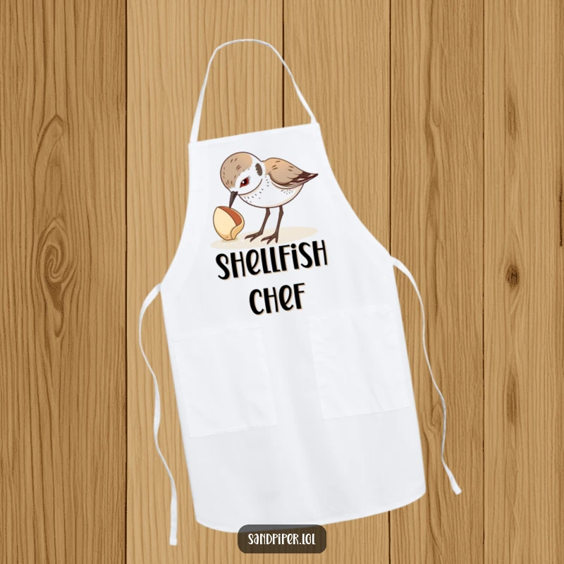 Funny apron featuring a sandpiper looking down curiously at a seashell, a humorous kitchen essential. A practical funny gift.