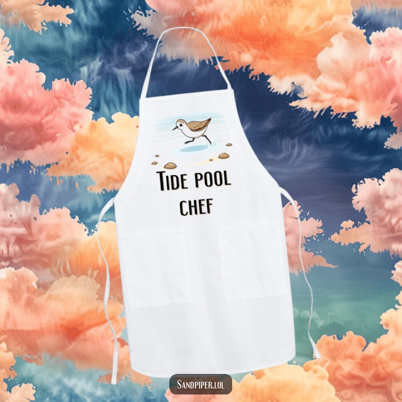 Funny Apron showcasing a sandpiper playfully chasing the retreating tide, a humorous and practical kitchen accessory.