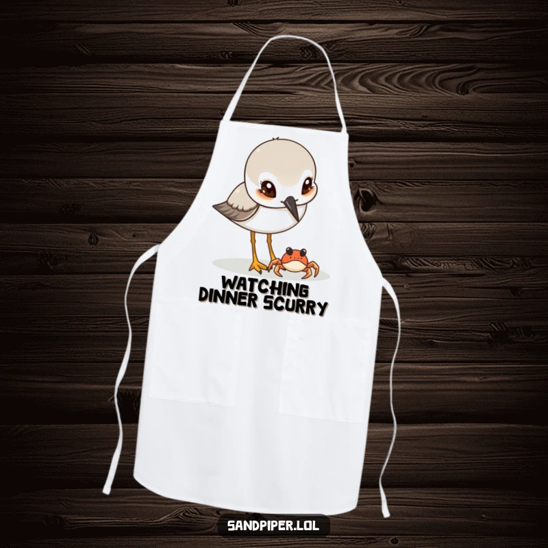 Funny Sandpiper & Crab Apron: A sandpiper with curious eyes observes a tiny crab, adding funny charm to kitchen wear.