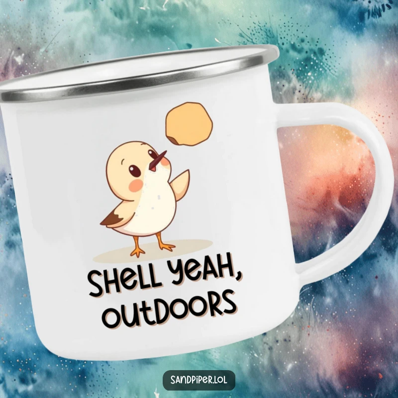 Funny Camping Mug: A sandpiper looks surprised by a floating seashell, perfect for outdoor adventures and beach lovers, a fun gift.