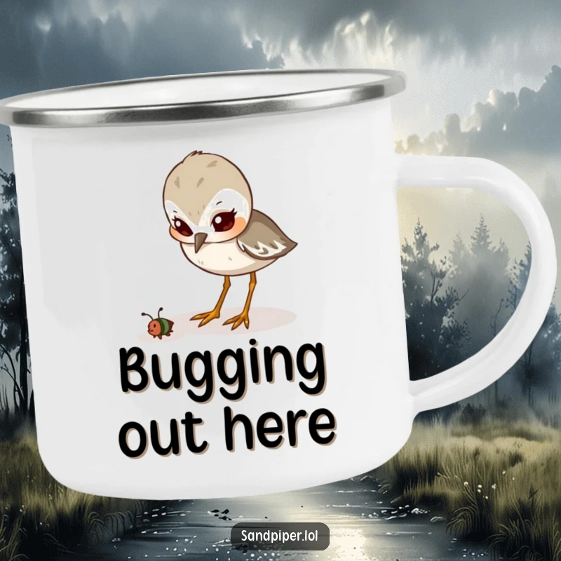 Funny Camping Mug: A sandpiper looks determined while pecking at an insect, perfect for outdoor focus and driven adventurers, a fun gift.