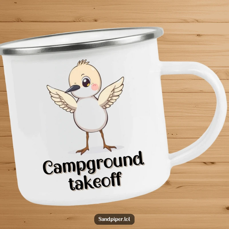 Funny Sandpiper Camping Mug, a durable mug with a cartoon bird with wings slightly raised, looking ready for flight.