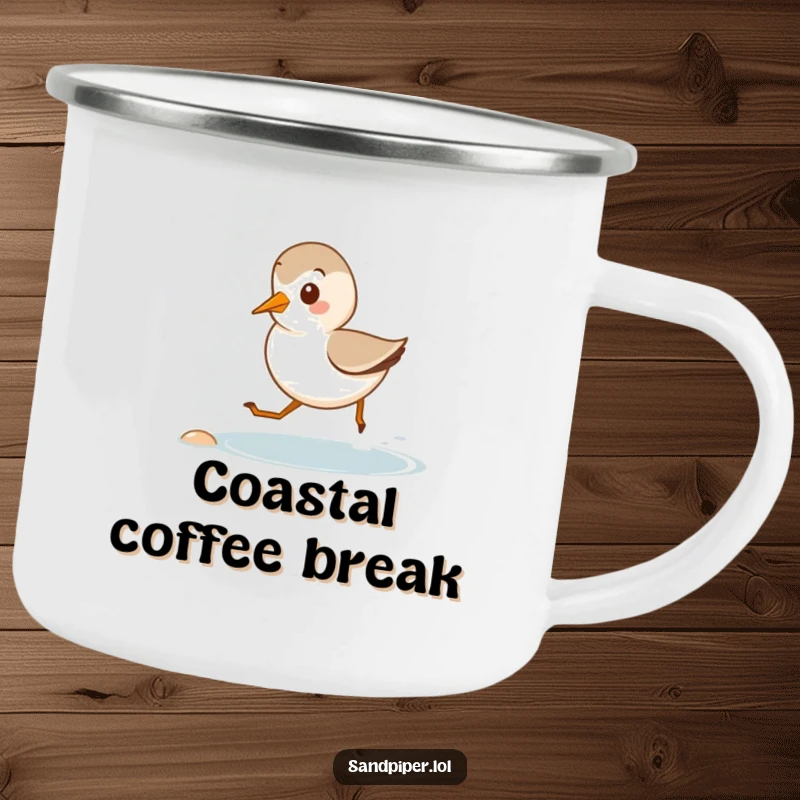 Funny camping mug featuring a cute sandpiper happily running along a tiny shore, perfect for enjoying drinks outdoors.