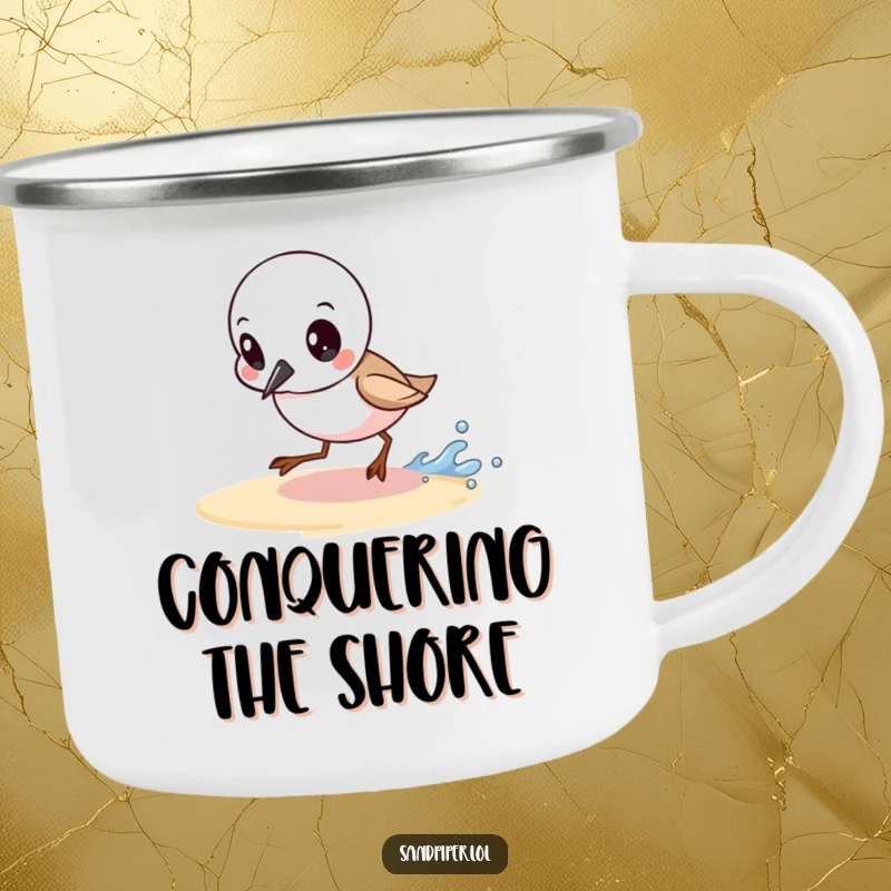Funny camping mug with a determined sandpiper chasing a small wave, perfect for outdoor drinks with a motivational vibe.