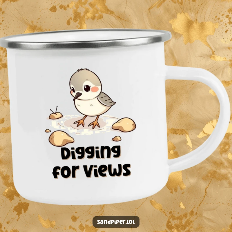 Funny Camping Mug featuring a sandpiper bird playfully digging in imaginary sand, perfect for outdoor play.