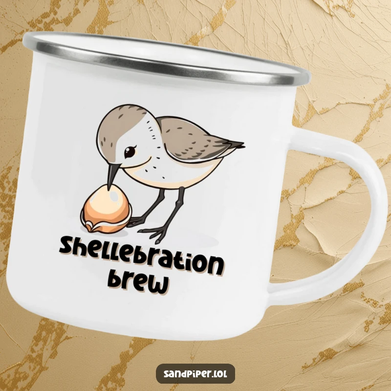Funny sandpiper bird camping mug, curiously pecking at a shiny dropped shell, rugged, outdoor funny gift.