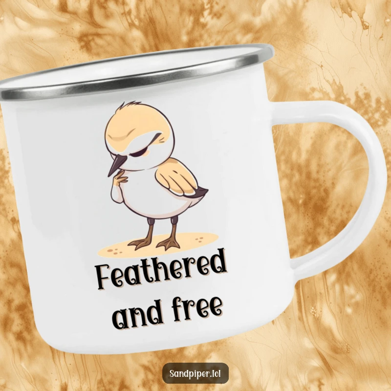 Funny Camping Mug: A sandpiper looks content while preening its feathers, perfect for outdoor relaxation and nature lovers, a fun gift.