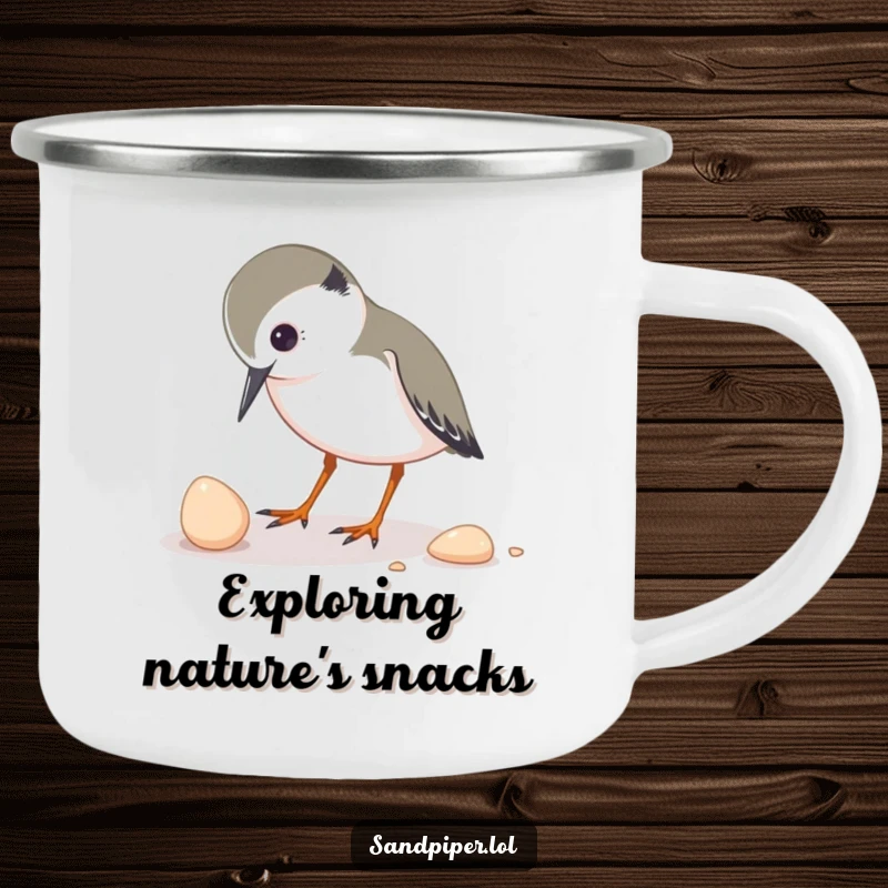 Funny camping mug featuring a sandpiper character inquisitively pecking at a small shell, perfect for curious outdoor enthusiasts.