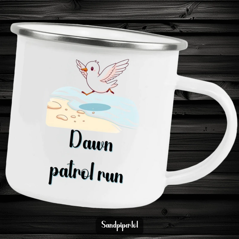 Funny camping mug with an energetic bird running along a shoreline with wings outstretched, perfect for beachy outdoor enjoyment.