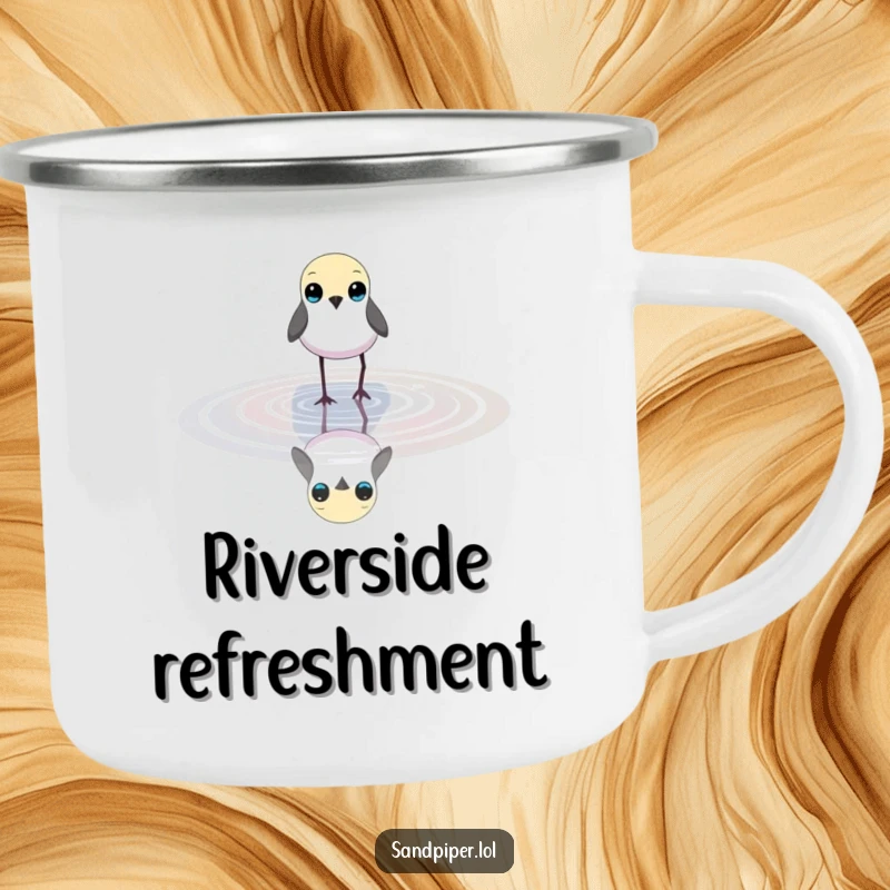 Funny camping mug with a small bird wading in shallow water, perfect for enjoying peaceful outdoor moments.