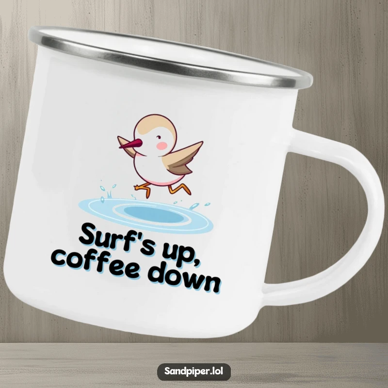 Funny Sandpiper Camping Mug: A determined sandpiper sprints towards the campfire, ready for an outdoor adventure.