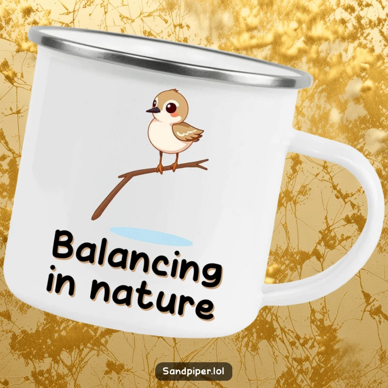 Funny sandpiper camping mug depicting a comical bird balancing on a twig, ideal for enjoying drinks during outdoor adventures.