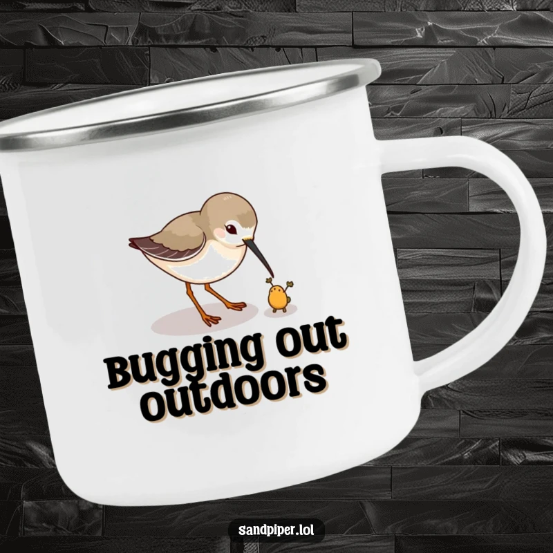 Funny camping mug with a sandpiper playfully pecking at a tiny imaginary bug, ideal for outdoor use. A rugged funny gift.