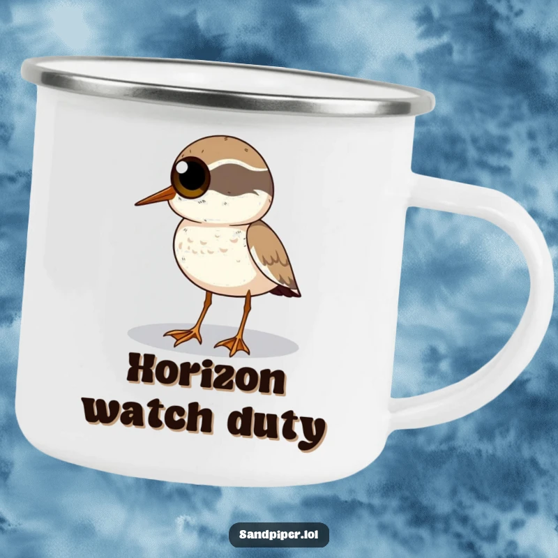 Funny Sandpiper Camping Mug: A sandpiper with big eyes scans the horizon on this humorous outdoor mug.