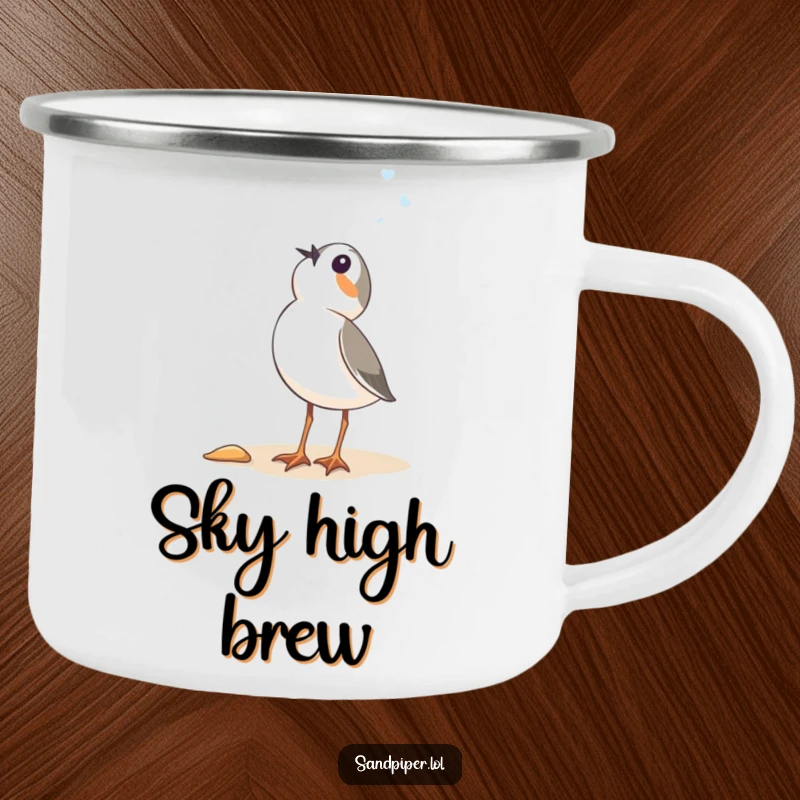 Funny Sandpiper Campfire Mug: A sturdy enamel mug featuring a bird gazing skyward with humorous wonder, ideal for camping.